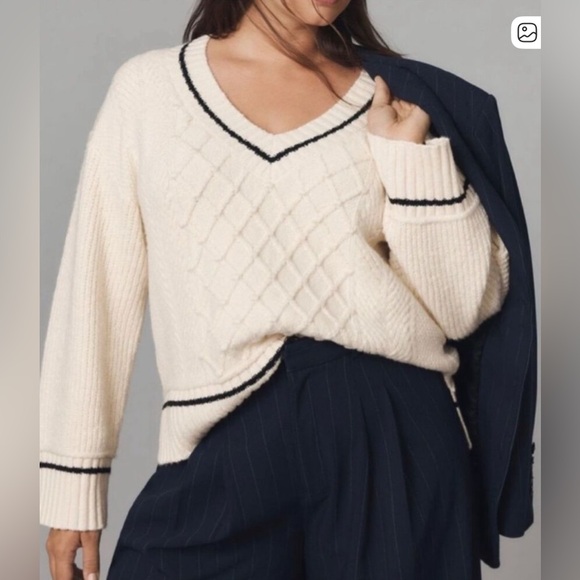 ANTHROPOLOGIE MAEVE THE TILLIE V NECK PULLOVER SWEATER XL PETITE IVORY CHUNKY - Picture 5 of 5